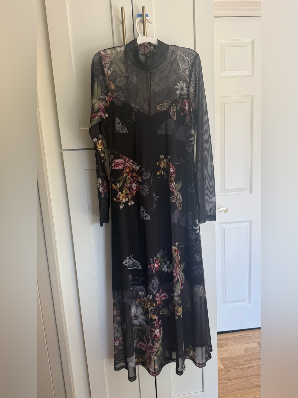 AllSaints Black Sheer Floral Long Sleeve Maxi Dress